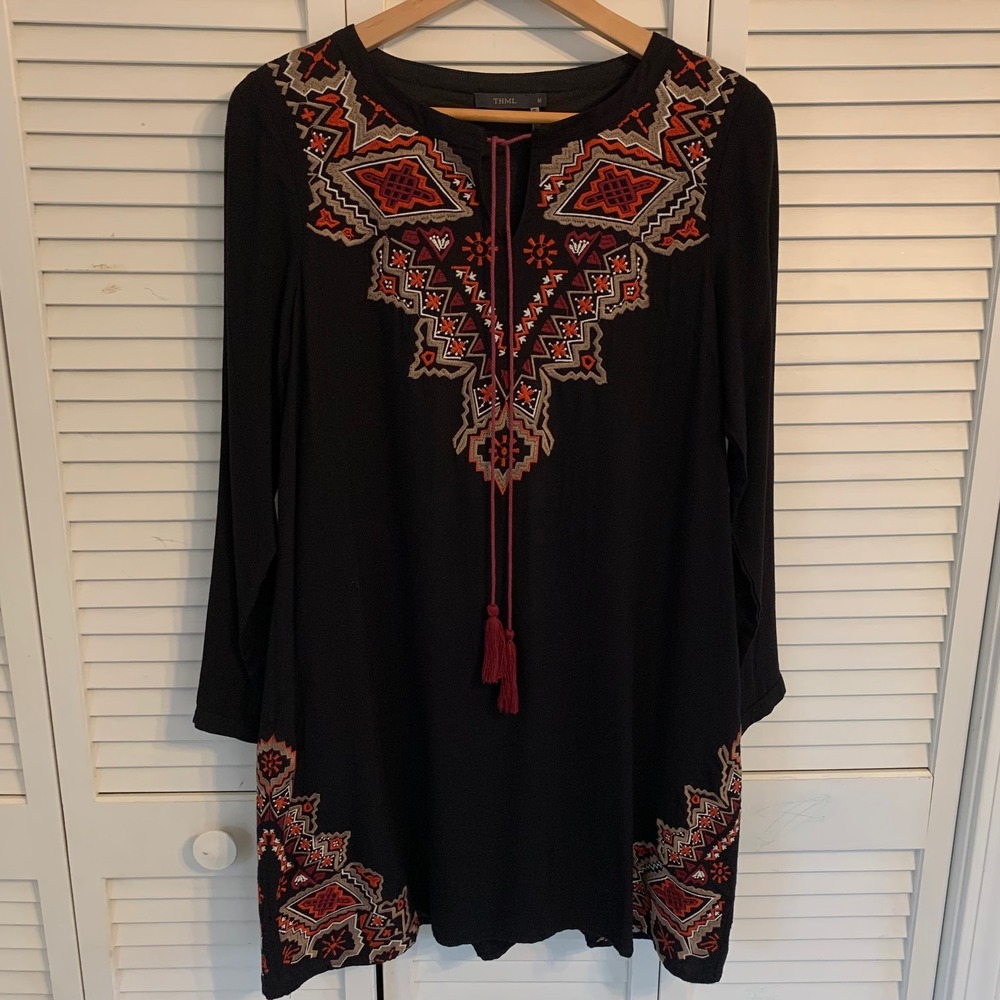 THML Embroidered Tunic Mini Dress Long Sleeve Tassel Boho Festival Black Women M